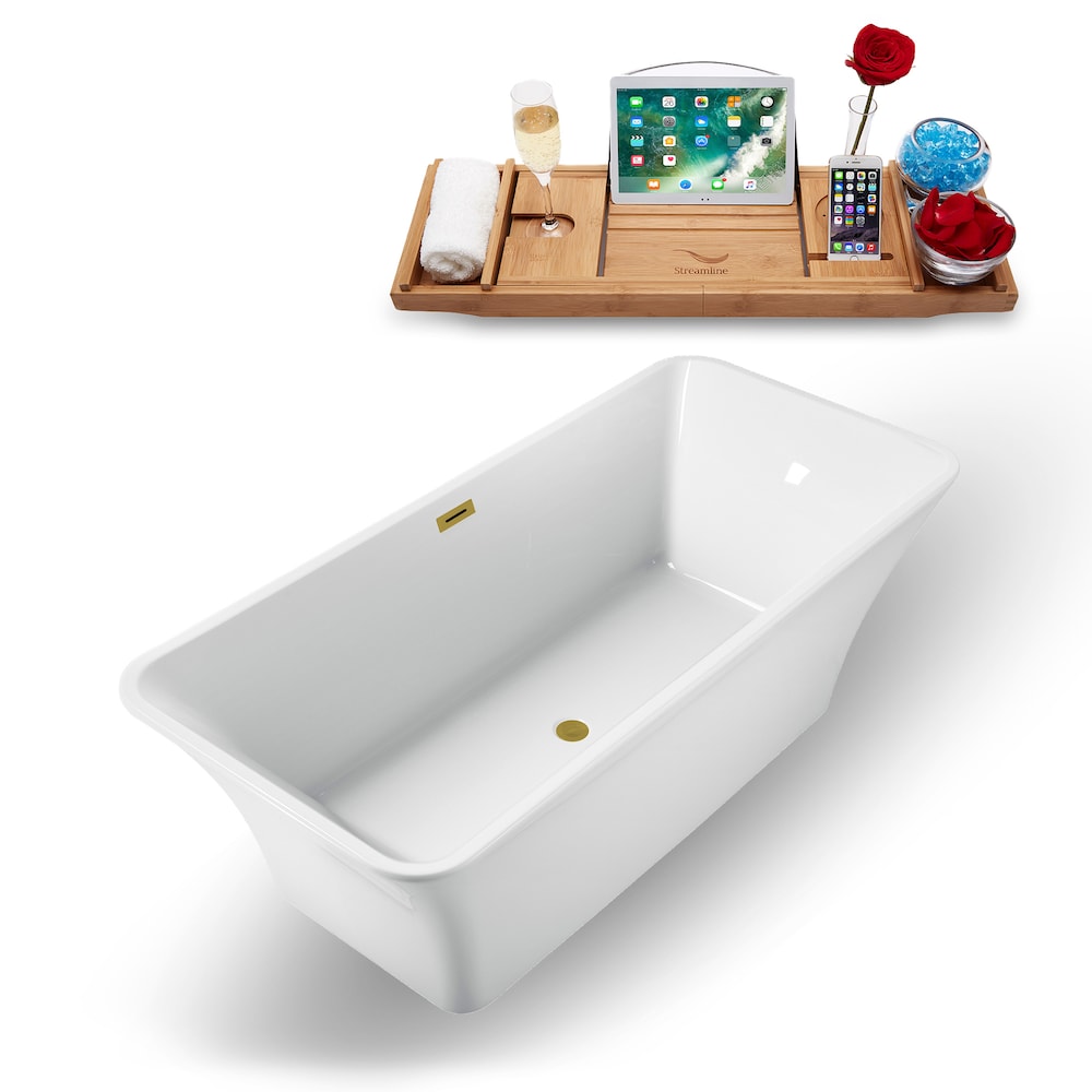 N1000BGL 71 in. Freestanding Rectangular Acrylic Bathtub and Tray in Glossy White with Centre Drain