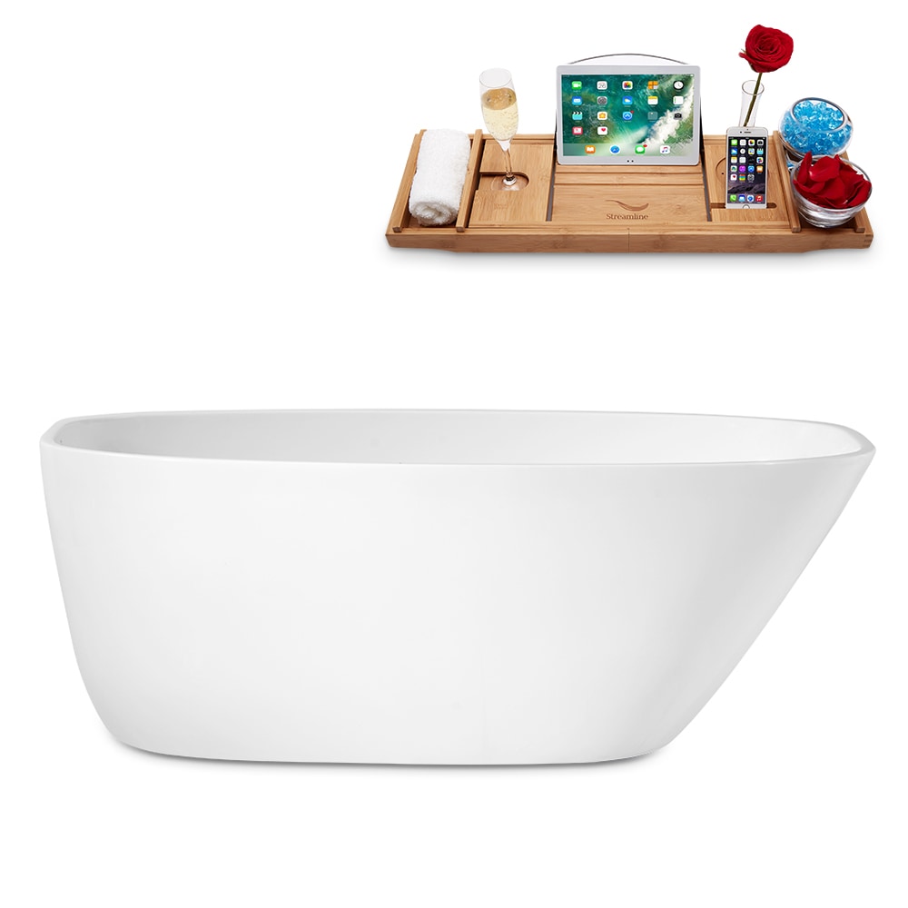 N1780BGL 59 in. Freestanding Oval Acrylic Bathtub and Tray in Glossy White with Reversible Drain