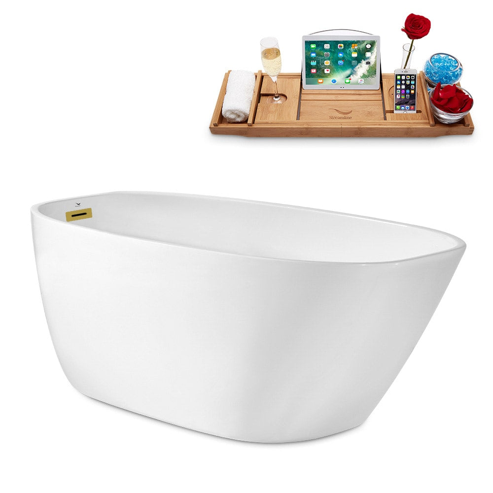N1780BGL 59 in. Freestanding Oval Acrylic Bathtub and Tray in Glossy White with Reversible Drain