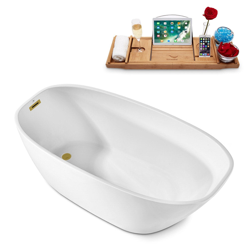 N1780BGL 59 in. Freestanding Oval Acrylic Bathtub and Tray in Glossy White with Reversible Drain