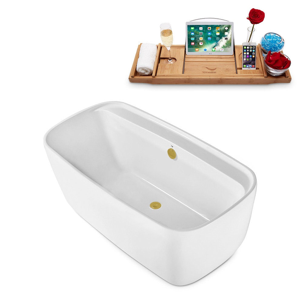 N2060BGL 59 inch Freestanding Oval Acrylic Bathtub and Tray in Glossy White with Center Drain