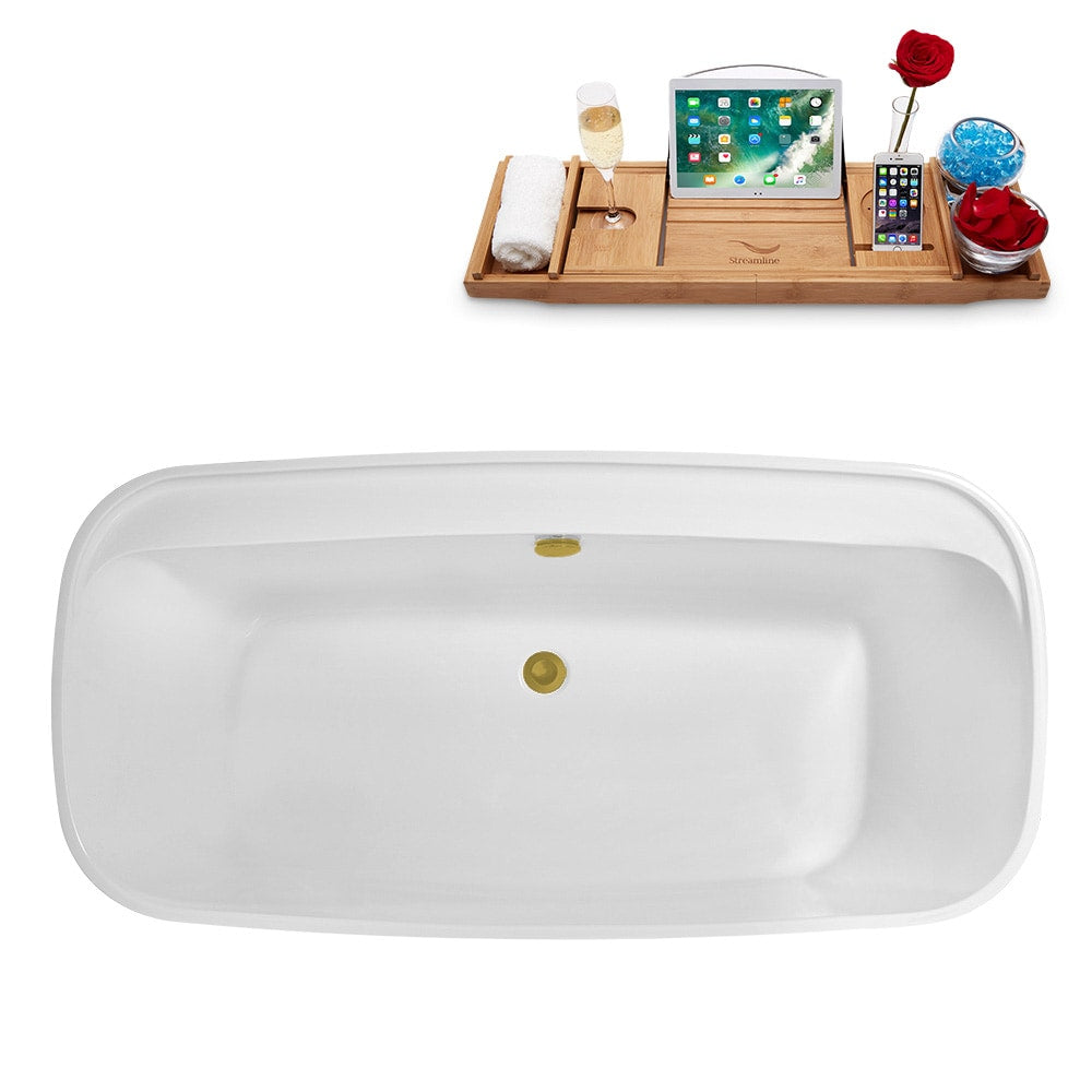 N2060BGL 59 inch Freestanding Oval Acrylic Bathtub and Tray in Glossy White with Center Drain