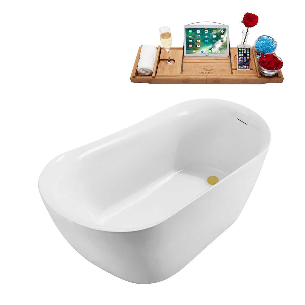 N290BGL 59 inch Freestanding Oval Acrylic Bathtub and Tray in Glossy White with Reversible Drain