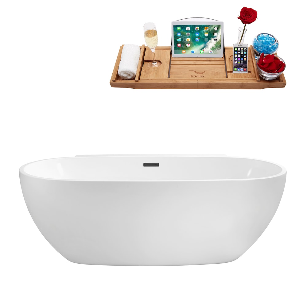 N300BGM 59 inch Freestanding Oval Acrylic Bathtub and Tray in Glossy White with Centre Drain