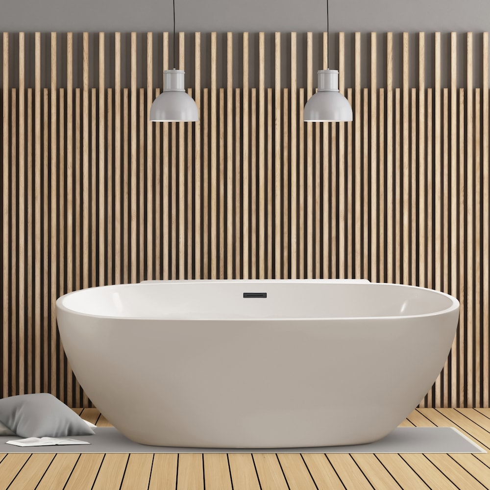 N300BGM 59 inch Freestanding Oval Acrylic Bathtub and Tray in Glossy White with Centre Drain