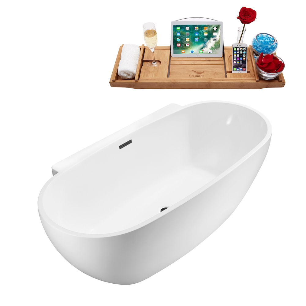 N300BGM 59 inch Freestanding Oval Acrylic Bathtub and Tray in Glossy White with Centre Drain