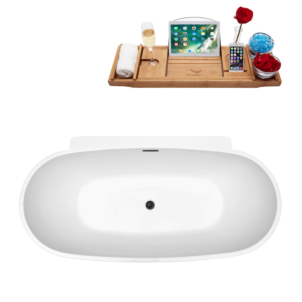 N300BGM 59 inch Freestanding Oval Acrylic Bathtub and Tray in Glossy White with Centre Drain