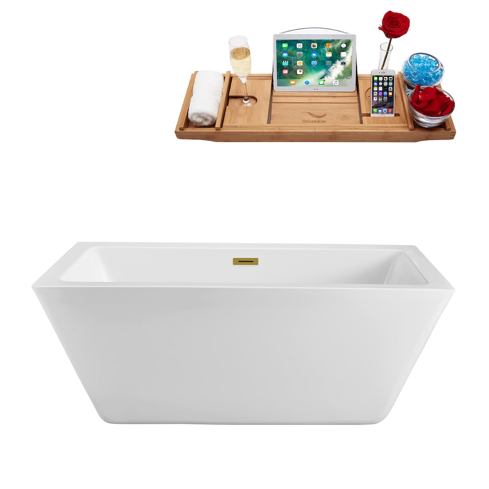 N320BGL 60 in. Freestanding Rectangular Acrylic Bathtub and Tray in Glossy White with Centre Drain
