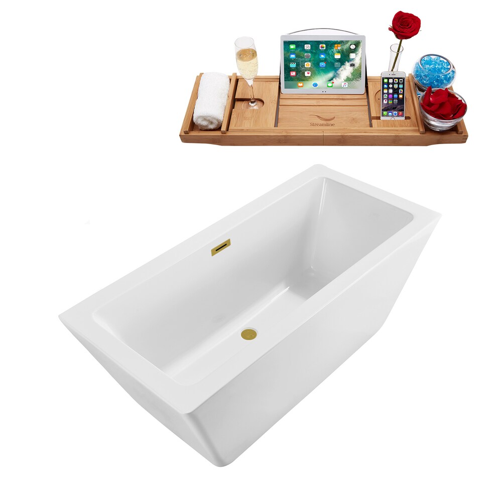 N320BGL 60 in. Freestanding Rectangular Acrylic Bathtub and Tray in Glossy White with Centre Drain
