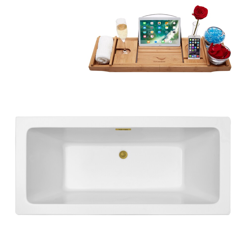 N320BGL 60 in. Freestanding Rectangular Acrylic Bathtub and Tray in Glossy White with Centre Drain