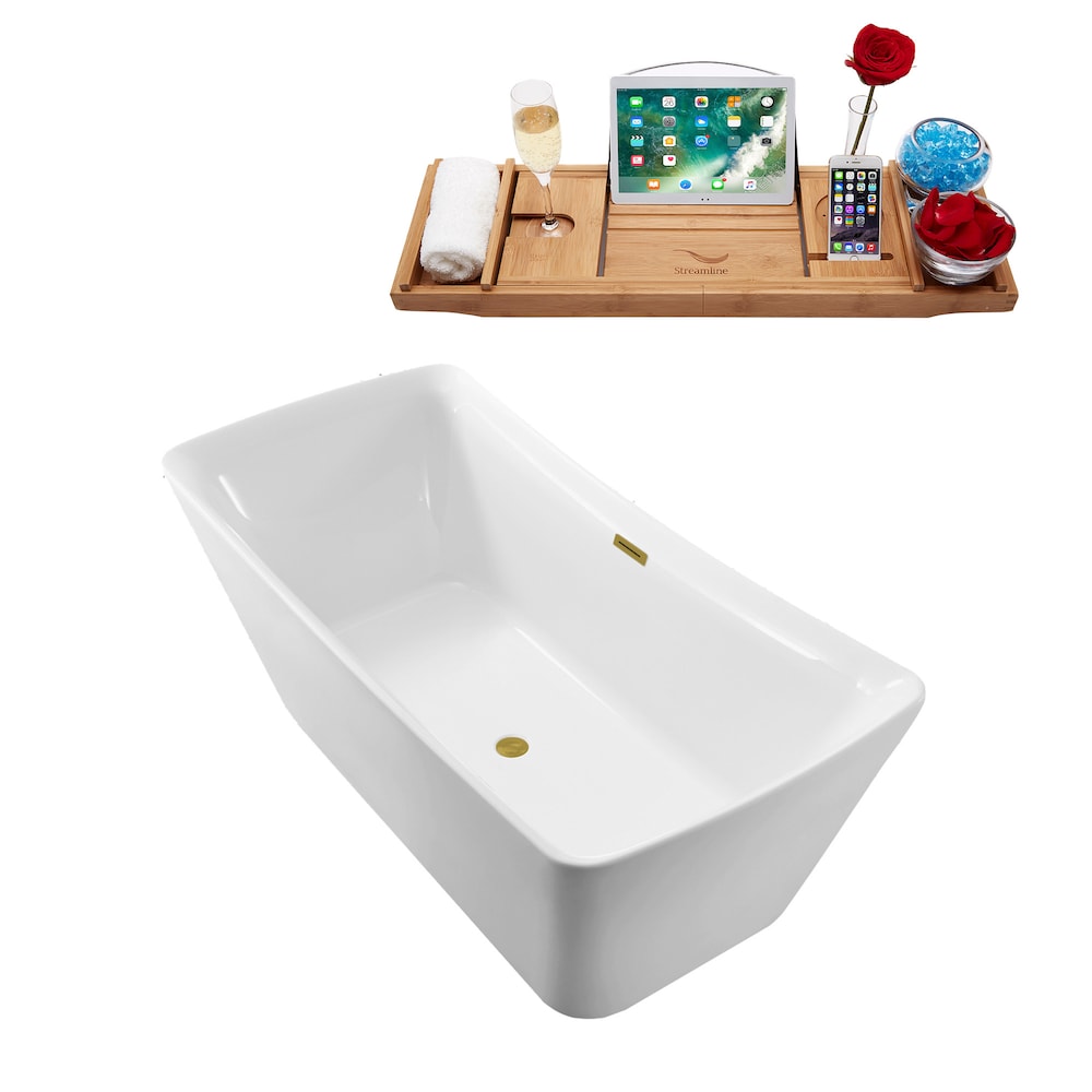 N540BGL 62 in. Freestanding Rectangular Acrylic Bathtub and Tray in Glossy White with Centre Drain