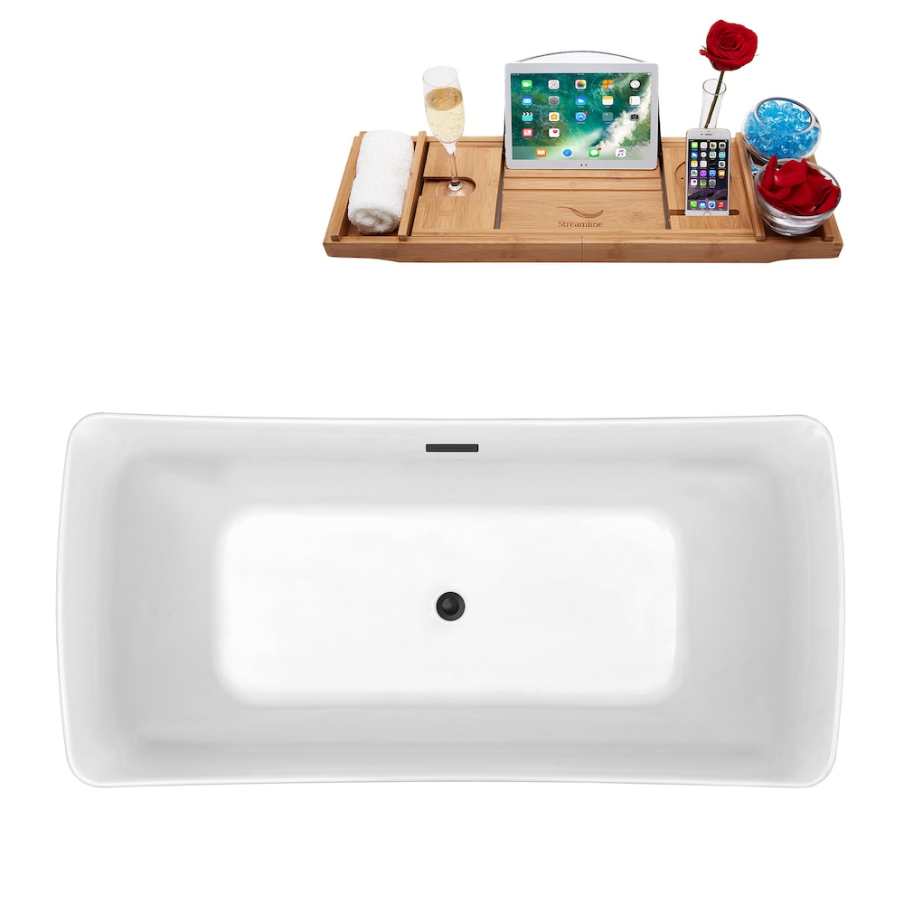 N542BGM 70 in. Freestanding Rectangular Acrylic Bathtub and Tray in Glossy White with Centre Drain