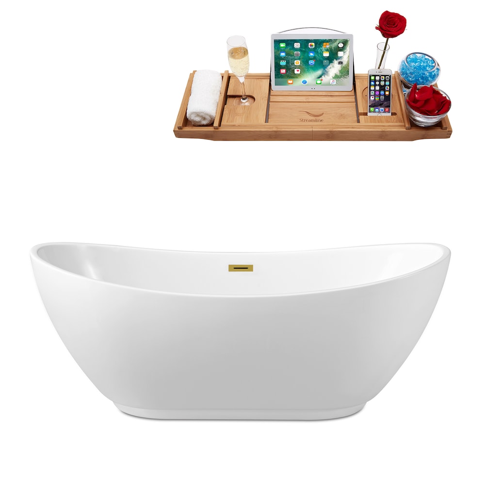 N580BGL 62 inch Freestanding Oval Acrylic Bathtub and Tray in Glossy White with Centre Drain