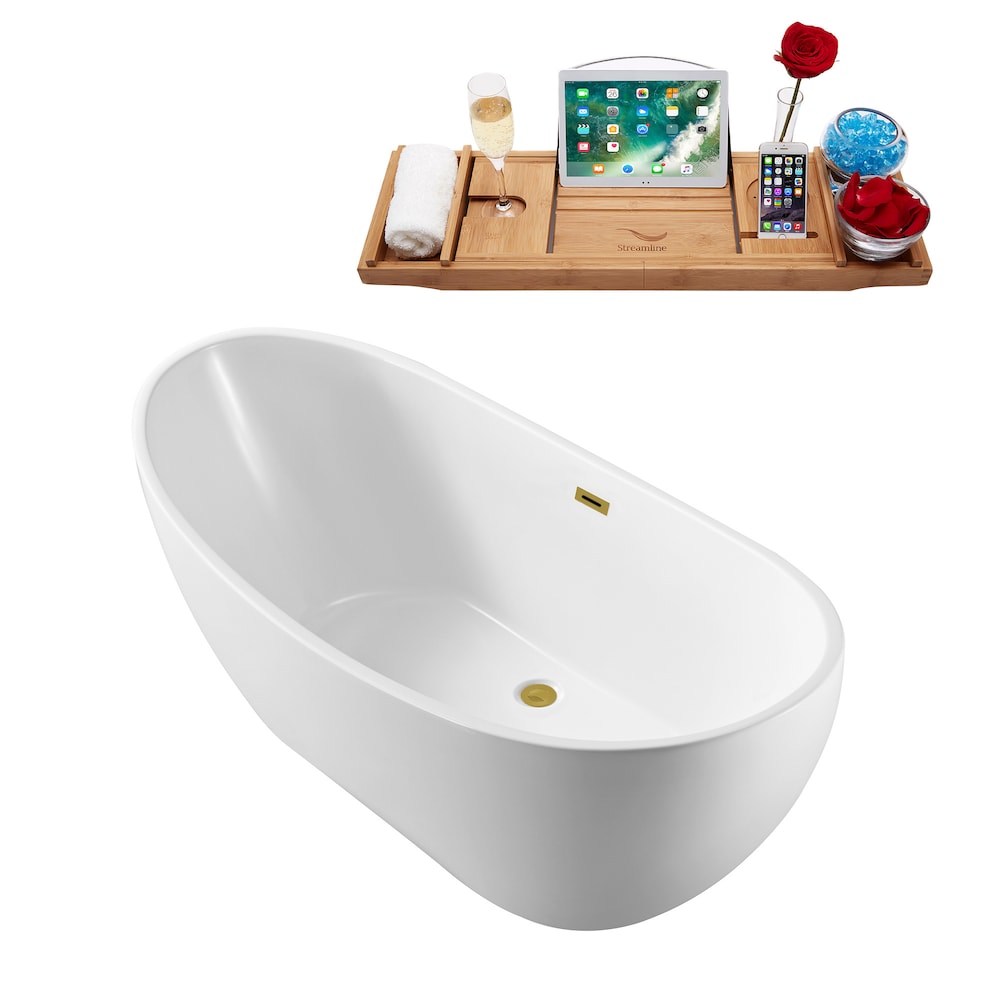 N580BGL 62 inch Freestanding Oval Acrylic Bathtub and Tray in Glossy White with Centre Drain