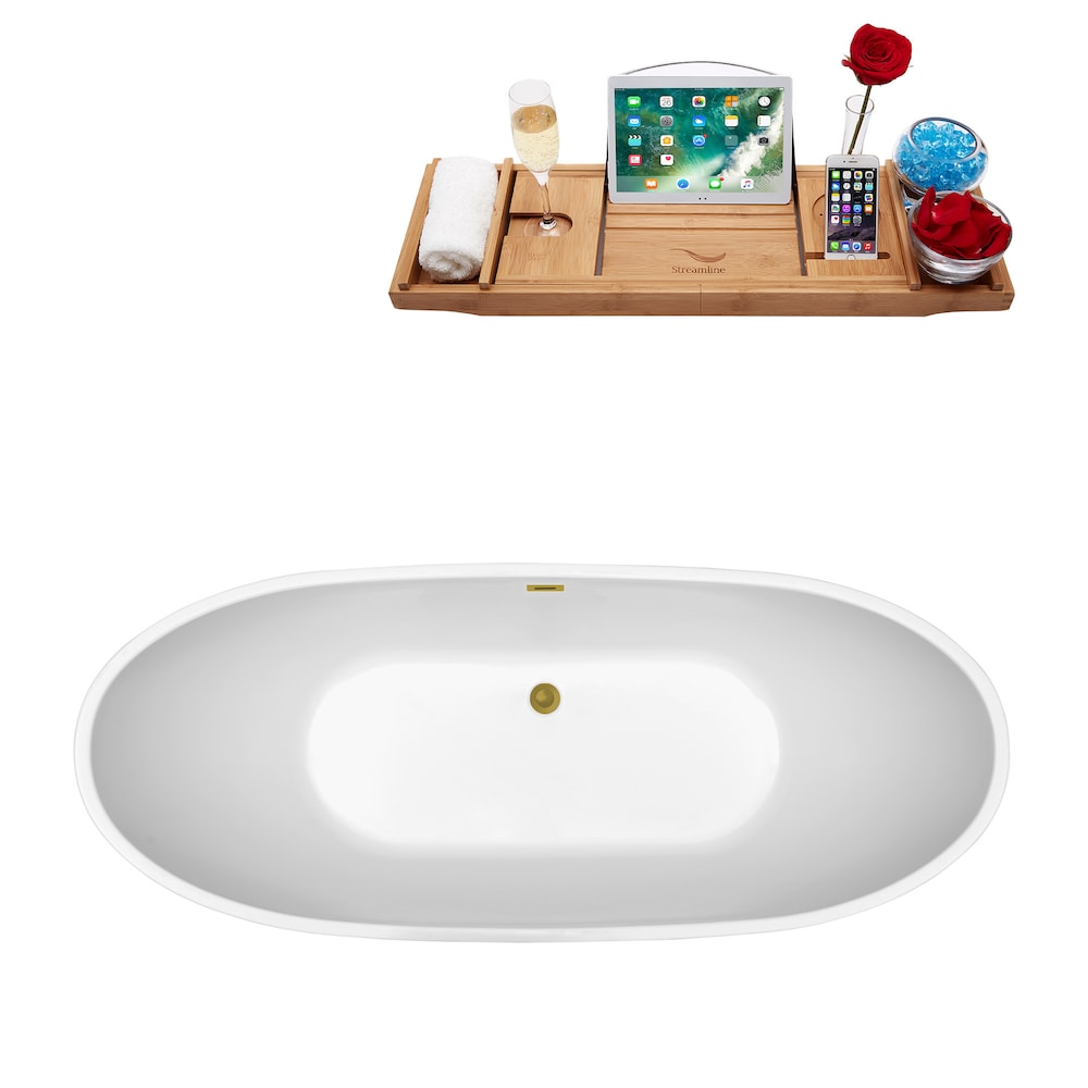 N580BGL 62 inch Freestanding Oval Acrylic Bathtub and Tray in Glossy White with Centre Drain