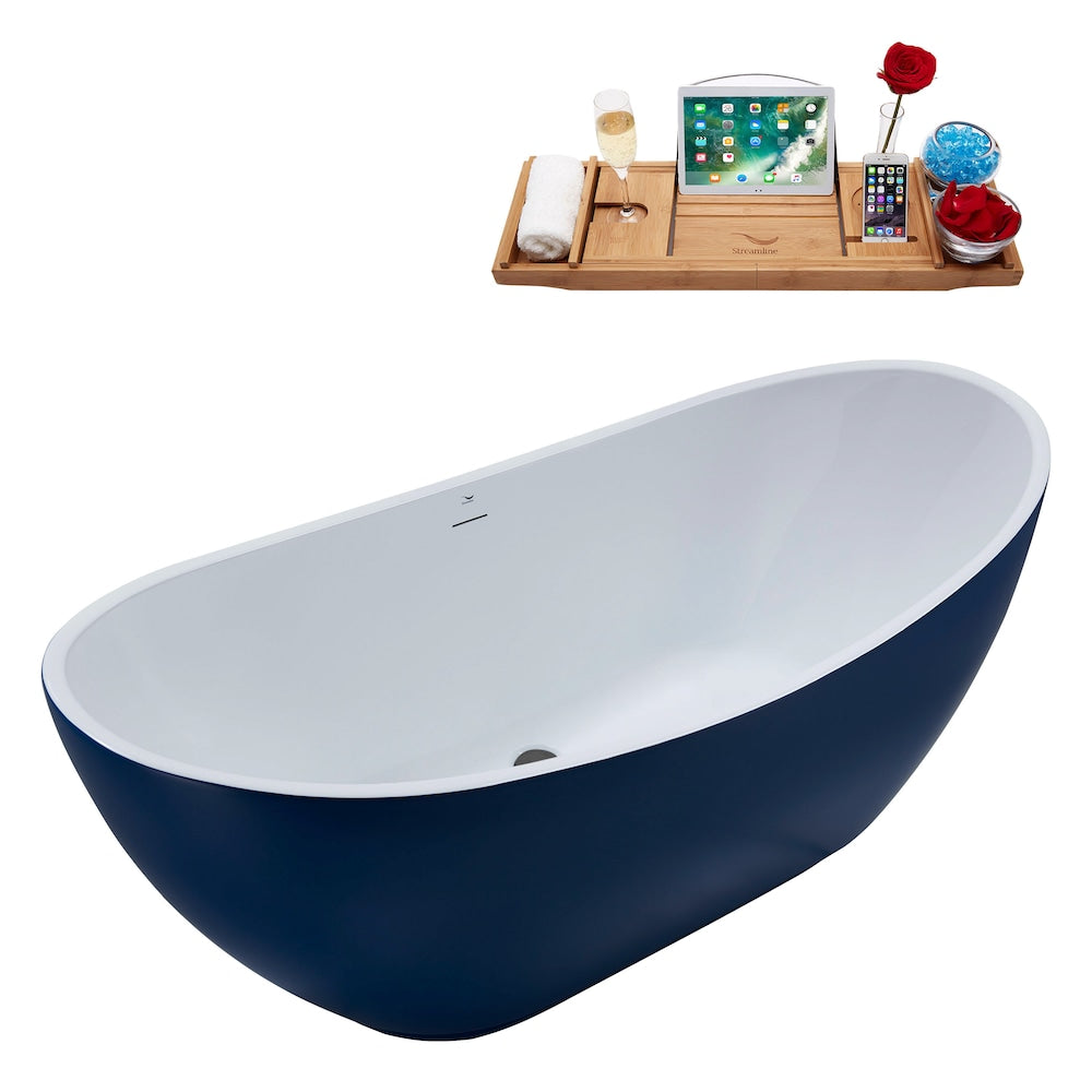 N595BGM 62 inch Freestanding Oval Acrylic Bathtub and Tray in Matte Dark Blue with Centre Drain