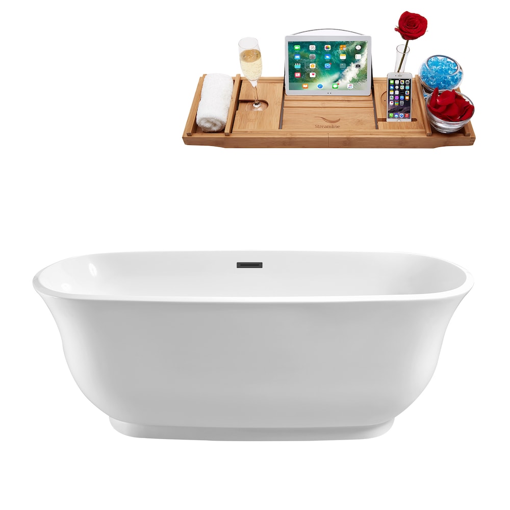 N661BGM 67 inch Freestanding Oval Acrylic Bathtub and Tray in Glossy White with Centre Drain