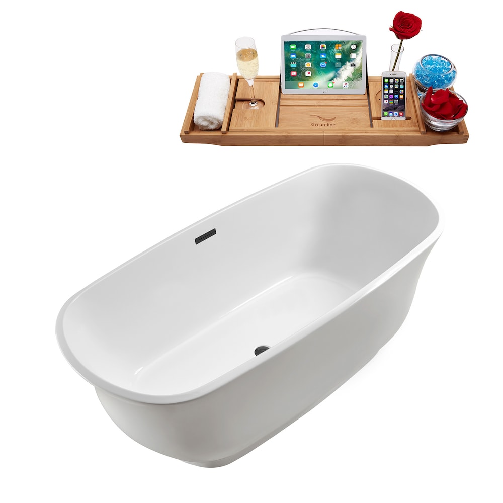 N661BGM 67 inch Freestanding Oval Acrylic Bathtub and Tray in Glossy White with Centre Drain