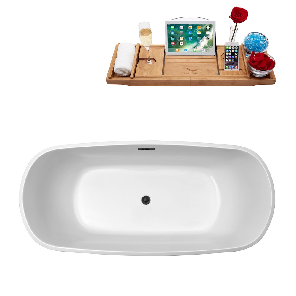 N661BGM 67 inch Freestanding Oval Acrylic Bathtub and Tray in Glossy White with Centre Drain
