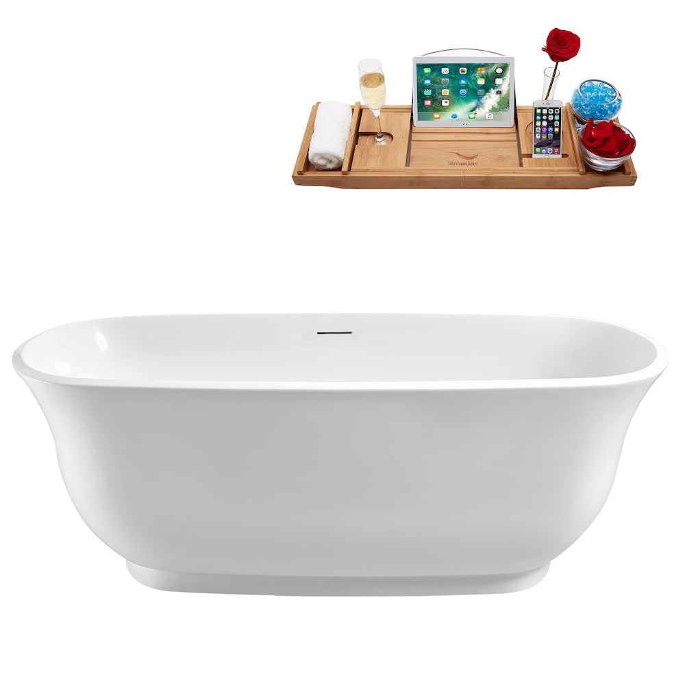 N670BGM 59 inch Freestanding Oval Acrylic Bathtub and Tray in Glossy White with Centre Drain