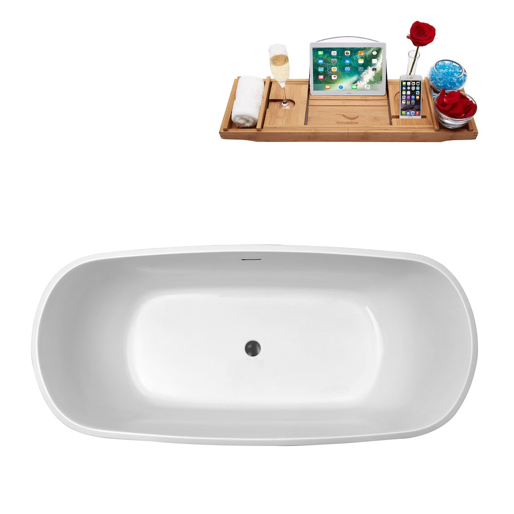 N670BGM 59 inch Freestanding Oval Acrylic Bathtub and Tray in Glossy White with Centre Drain