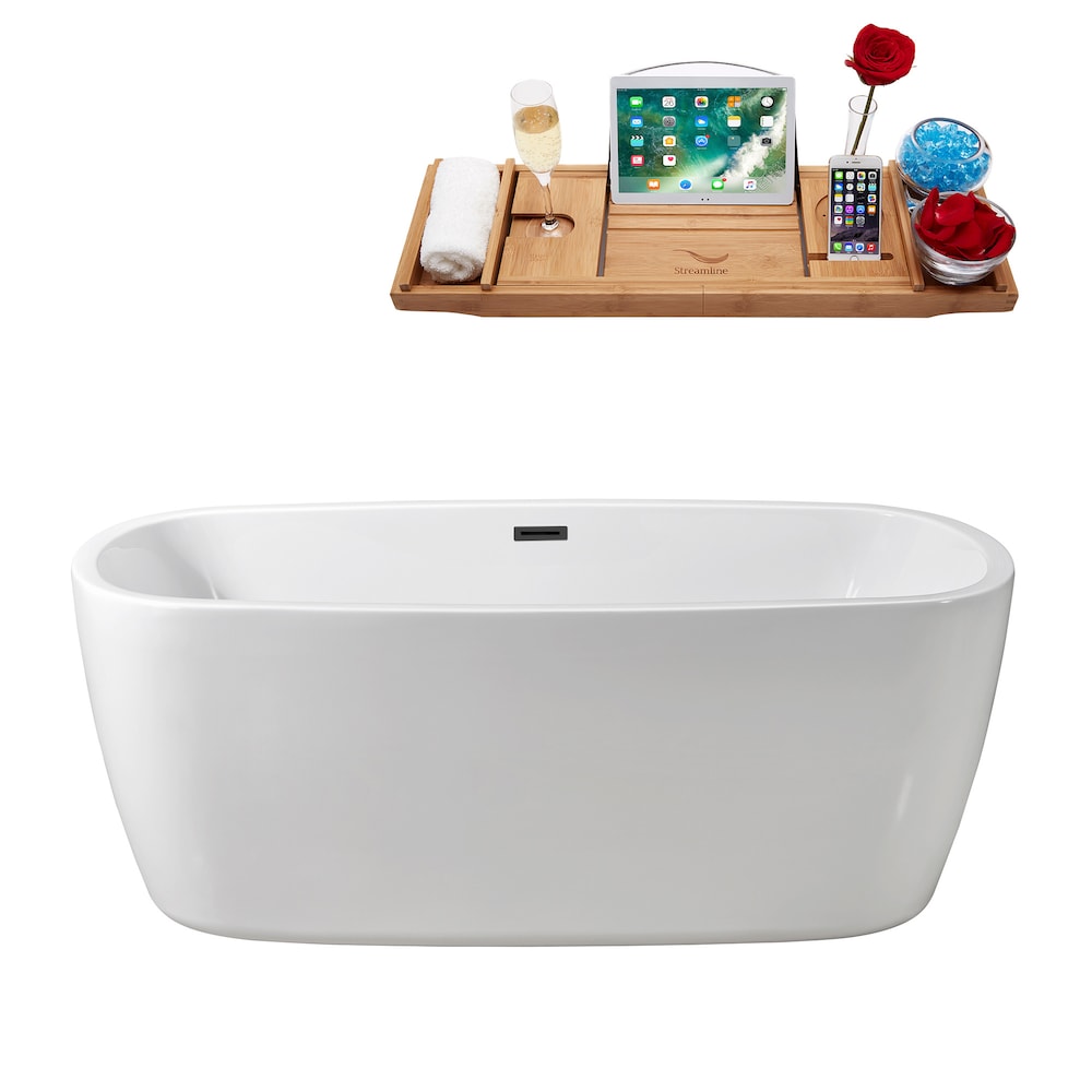 N780BGM 59 inch Freestanding Oval Acrylic Bathtub and Tray in Glossy White with Centre Drain