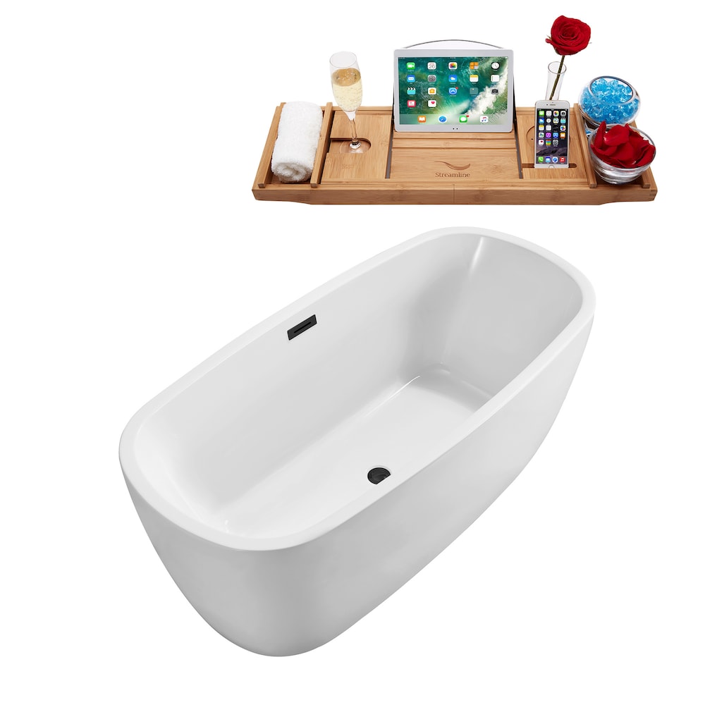 N780BGM 59 inch Freestanding Oval Acrylic Bathtub and Tray in Glossy White with Centre Drain