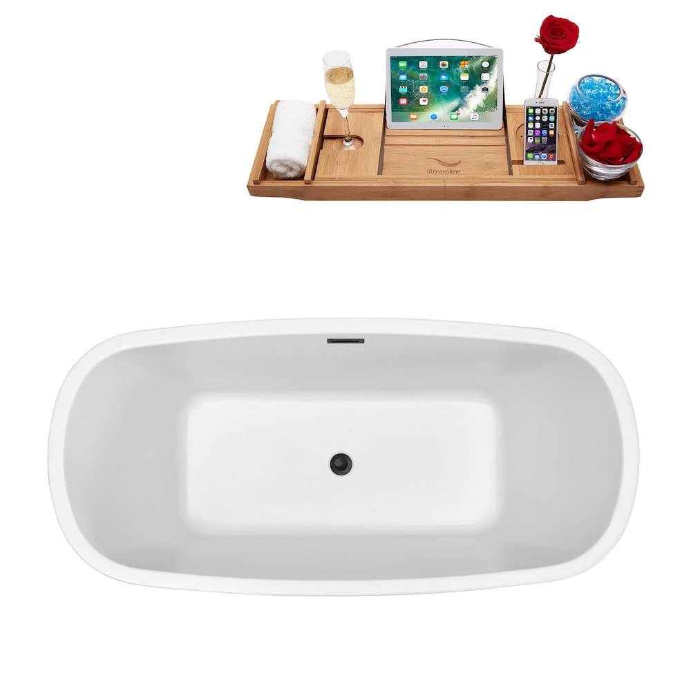 N780BGM 59 inch Freestanding Oval Acrylic Bathtub and Tray in Glossy White with Centre Drain