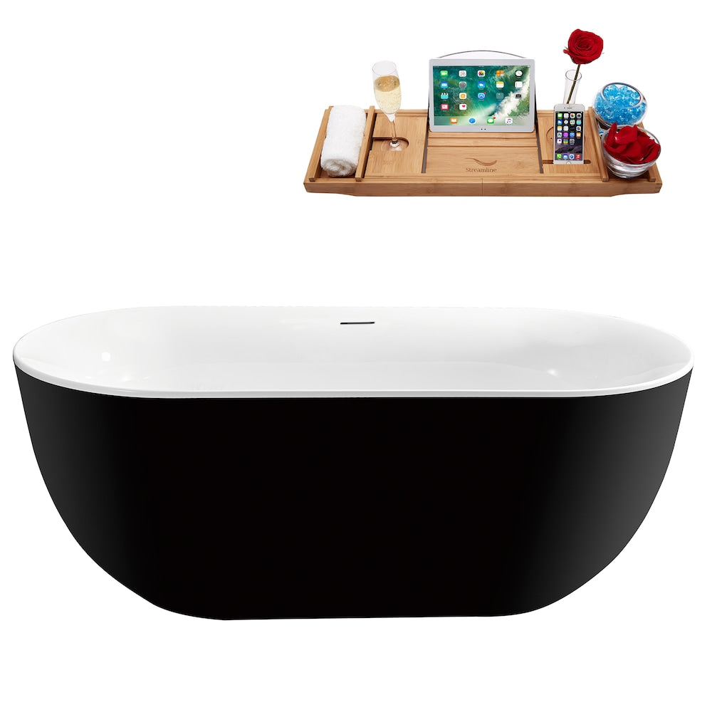 N811BGL 59 inch Freestanding Oval Acrylic Bathtub and Tray in Glossy Black with Centre Drain
