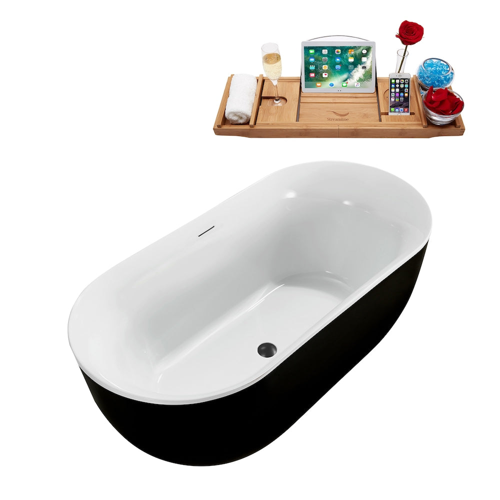 Baignoire ovale autoportante en acrylique N811BGM de 59 pouces et plateau en noir brillant avec drain central
