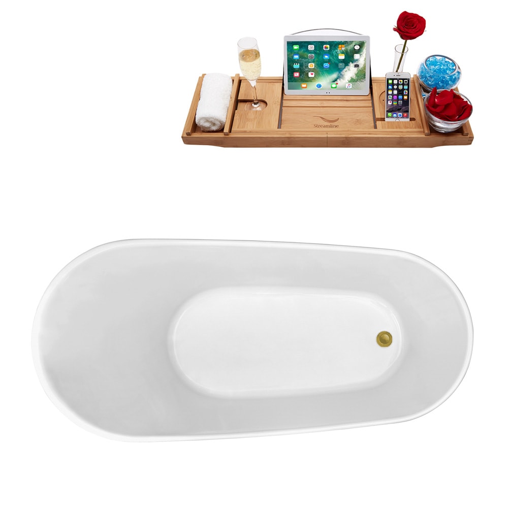 N822-IN-BGL 67 in. Freestanding Oval Acrylic Bathtub and Tray in Glossy White with Reversible Drain