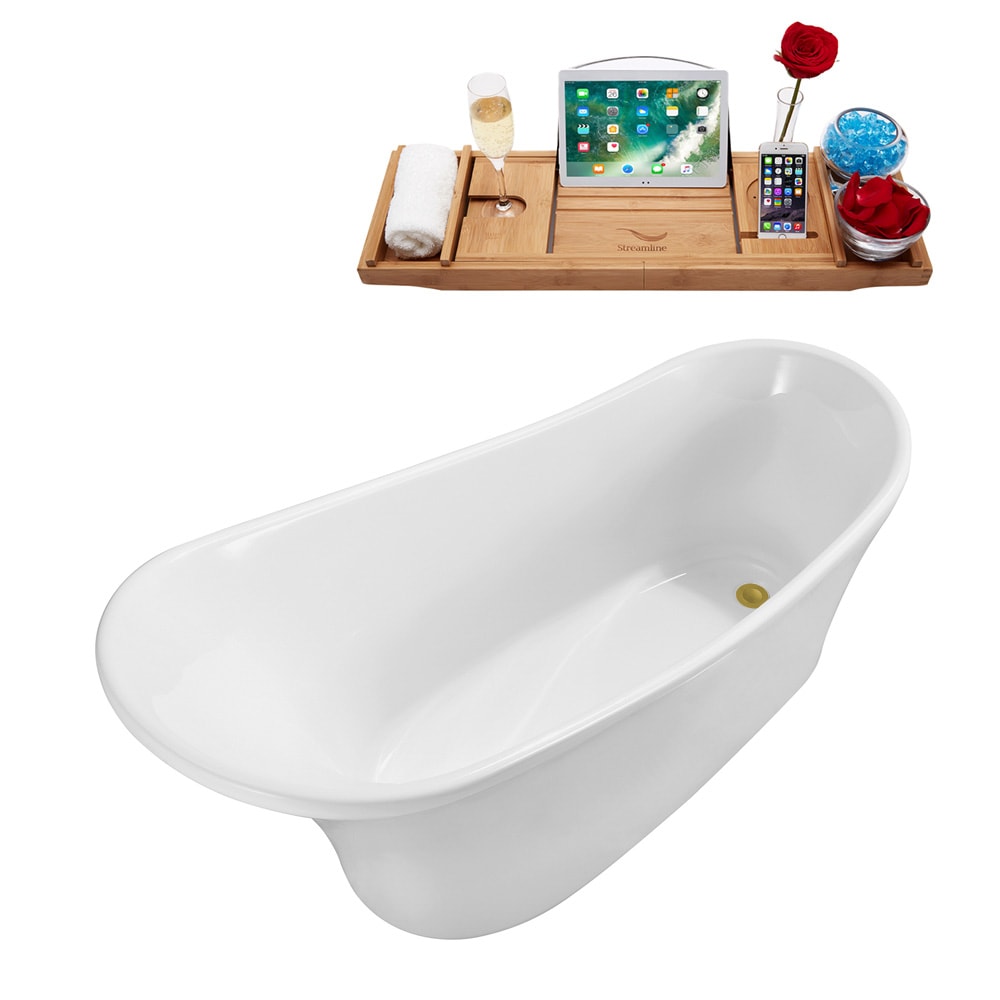 N822-IN-BGL 67 in. Freestanding Oval Acrylic Bathtub and Tray in Glossy White with Reversible Drain