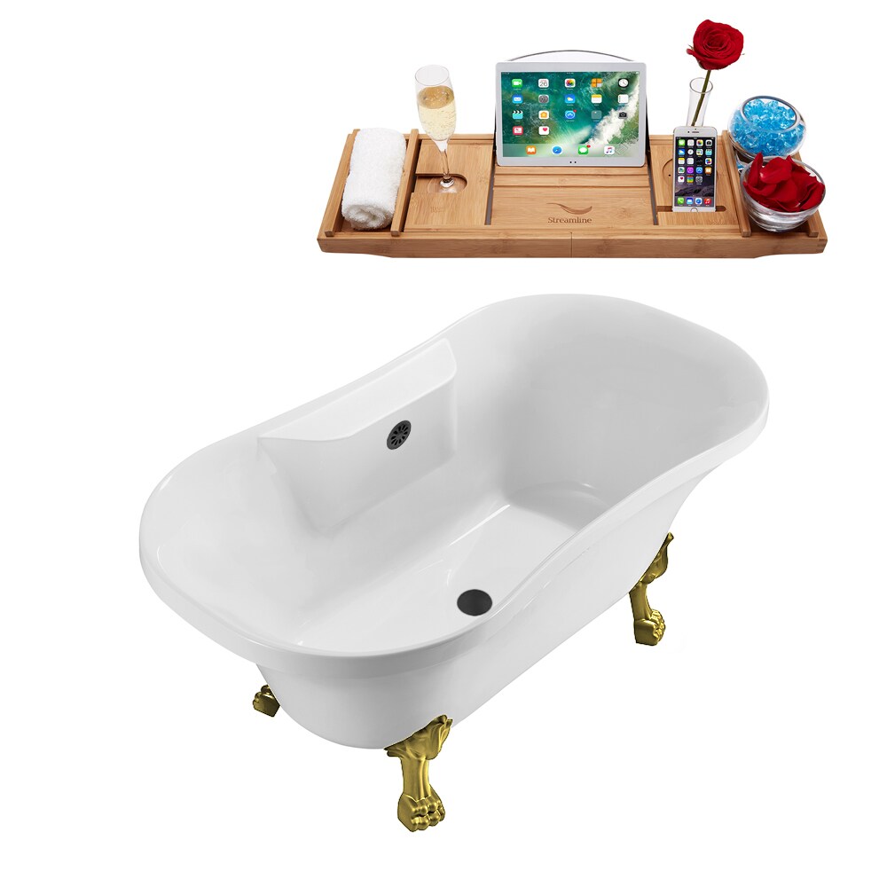 N100BGL-BGM 60 inch Clawfoot Oval Acrylic Bathtub and Tray in Glossy White with Centre Drain