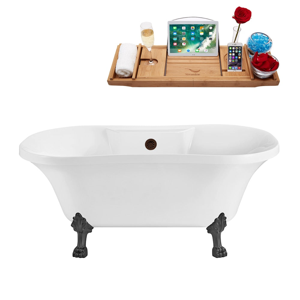 N100BGM-ORB 60 inch Clawfoot Oval Acrylic Bathtub and Tray in Glossy White with Centre Drain