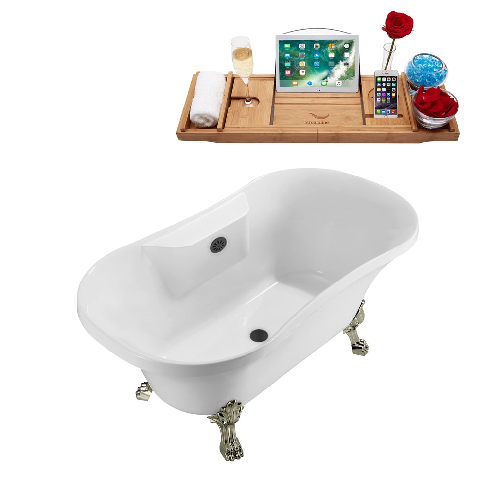 N100BNK-BGM 60 inch Clawfoot Oval Acrylic Bathtub and Tray in Glossy White with Centre Drain