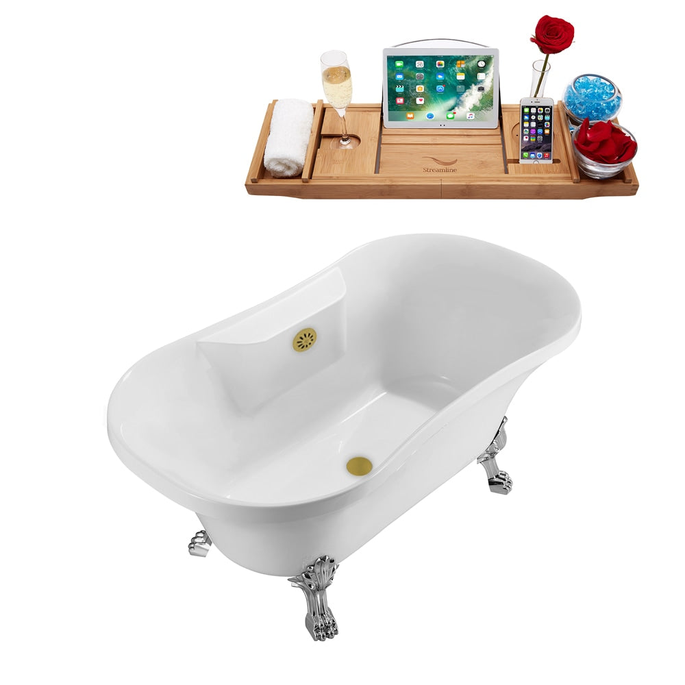 N100CH-BGL 60 inch Clawfoot Oval Acrylic Bathtub and Tray in Glossy White with Centre Drain