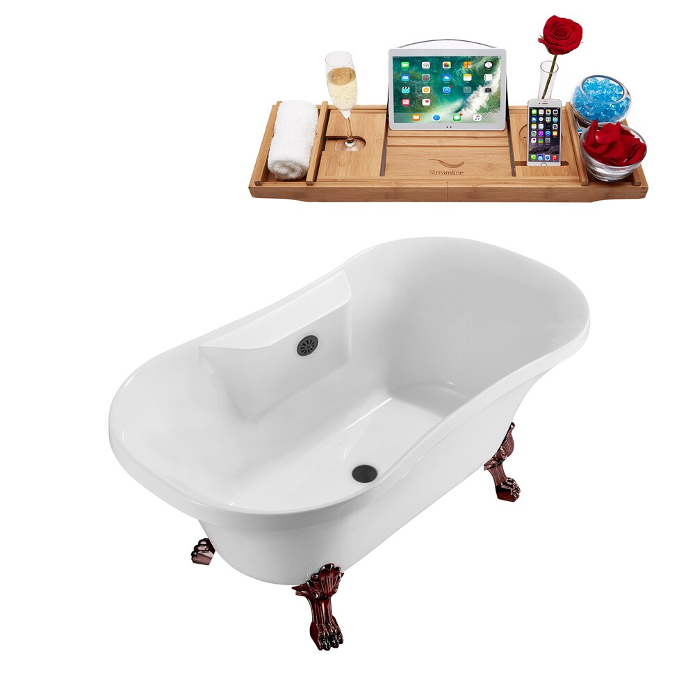N100ORB-BGM 60 inch Clawfoot Oval Acrylic Bathtub and Tray in Glossy White with Centre Drain