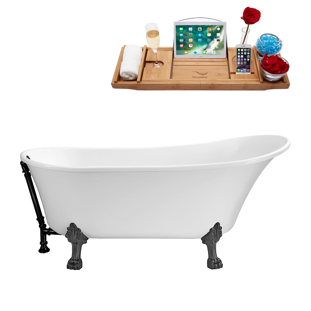 N340BGM-BL 67 inch Clawfoot Oval Acrylic Bathtub and Tray in Glossy White with Reversible Drain