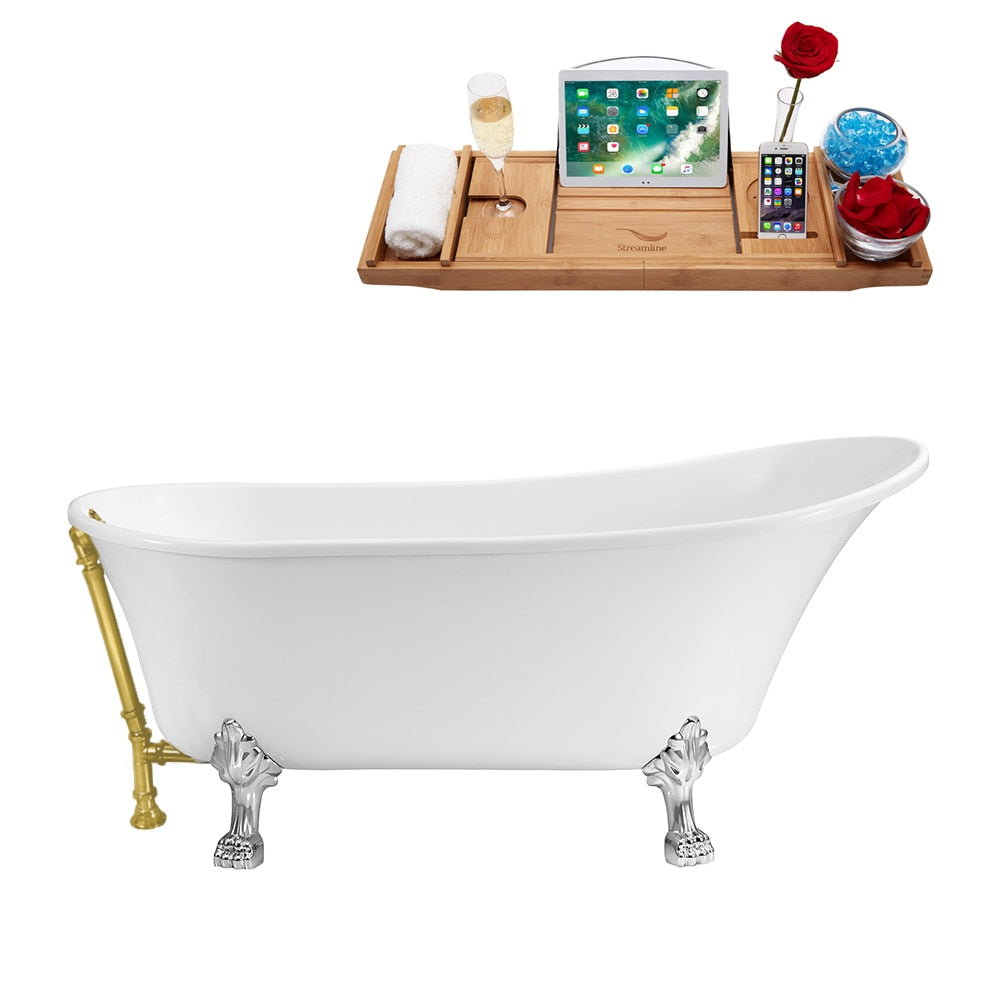 N340CH-BGL 67 inch Clawfoot Oval Acrylic Bathtub and Tray in Glossy White with Reversible Drain