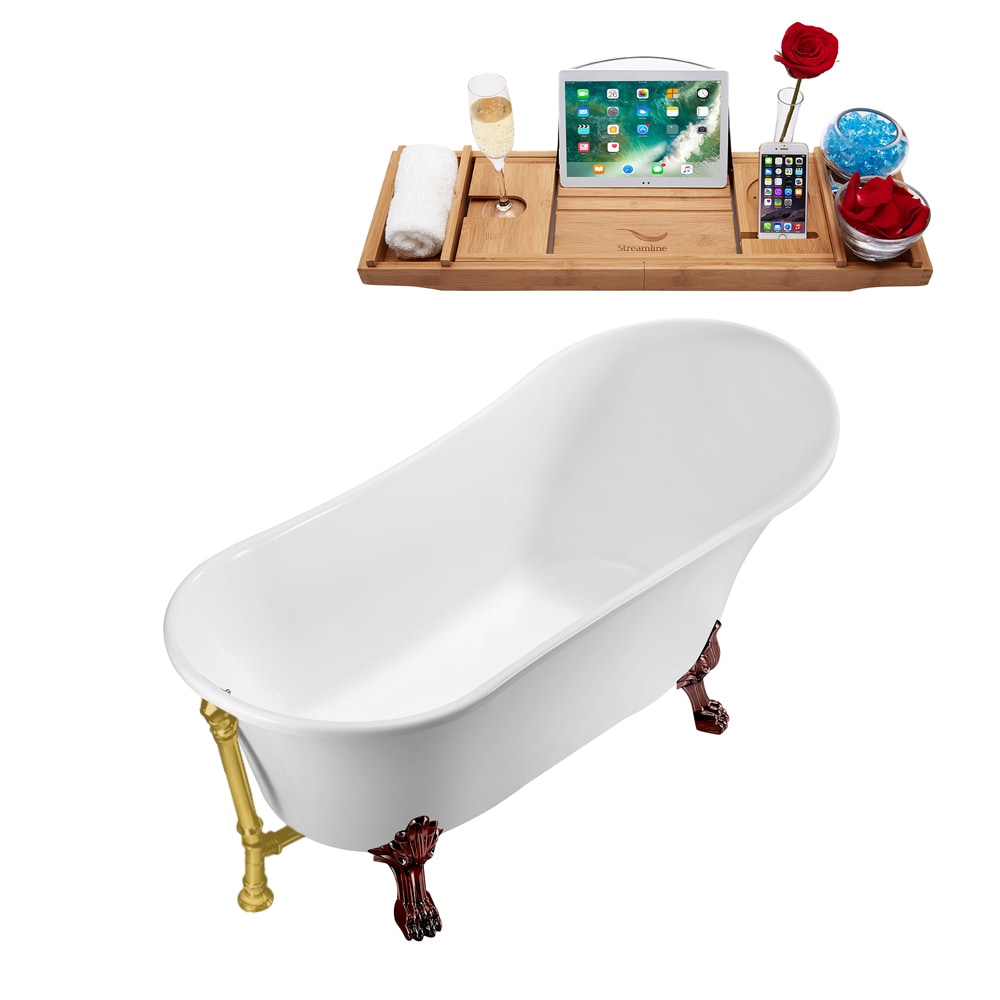 N340ORB-BGL 67 inch Clawfoot Oval Acrylic Bathtub and Tray in Glossy White with Reversible Drain
