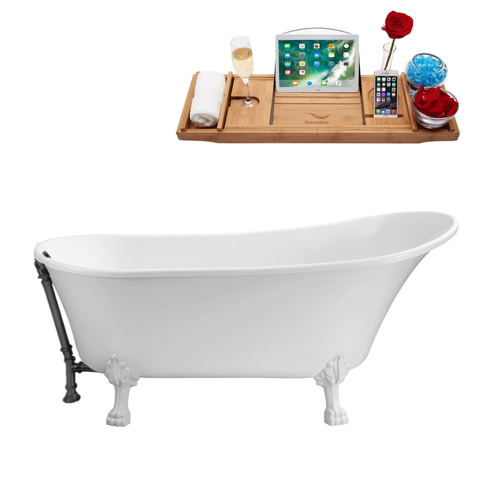 N340WH-BGM 67 inch Clawfoot Oval Acrylic Bathtub and Tray in Glossy White with Reversible Drain