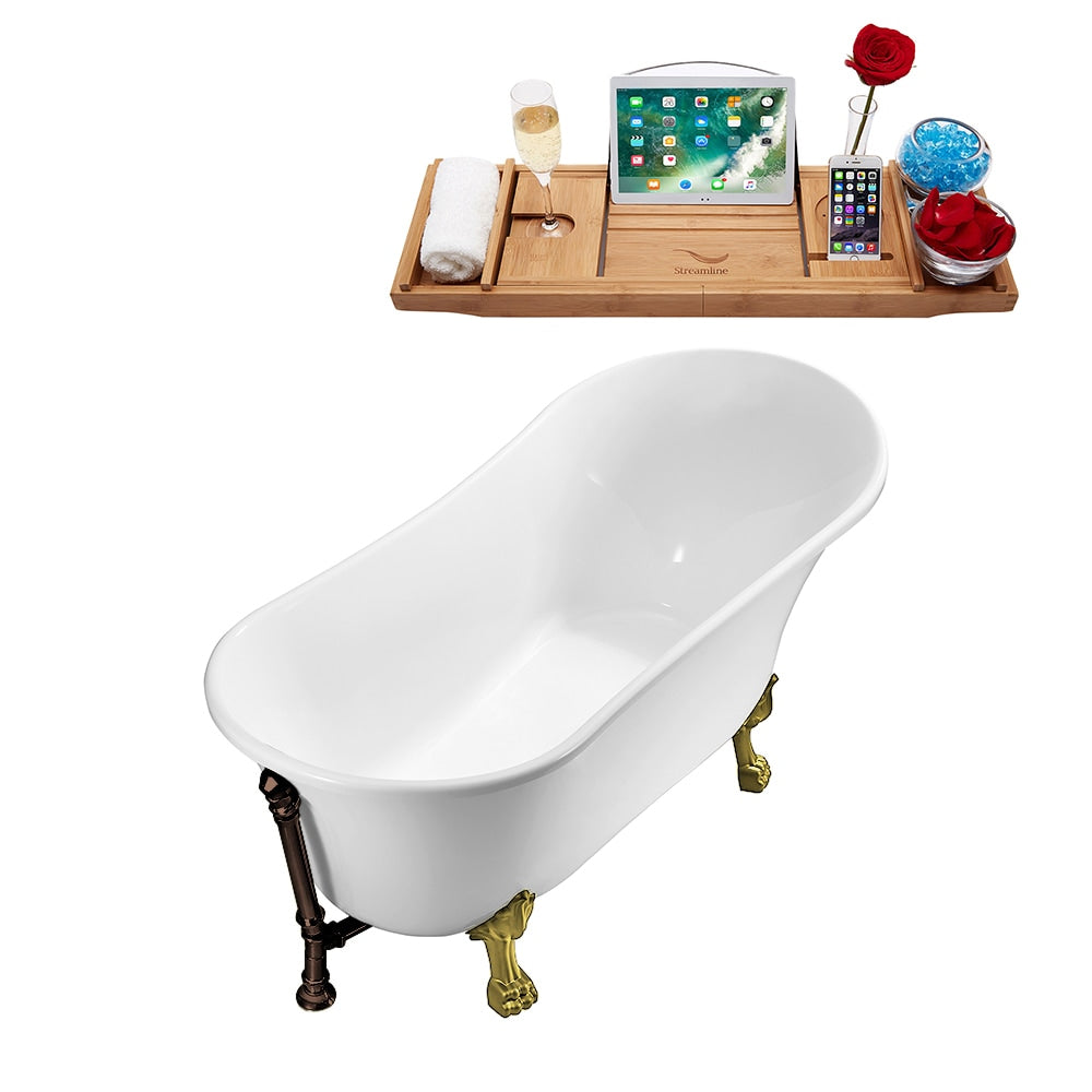 N341BGL-ORB 59 inch Clawfoot Oval Acrylic Bathtub and Tray in Glossy White with Reversible Drain