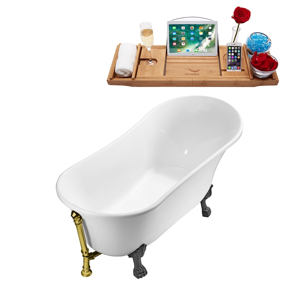 N341BGM-BGL 59 inch Clawfoot Oval Acrylic Bathtub and Tray in Glossy White with Reversible Drain