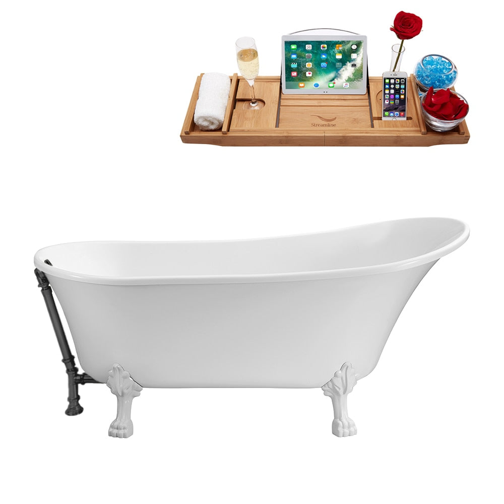 N341WH-BGM 59 inch Clawfoot Oval Acrylic Bathtub and Tray in Glossy White with Reversible Drain