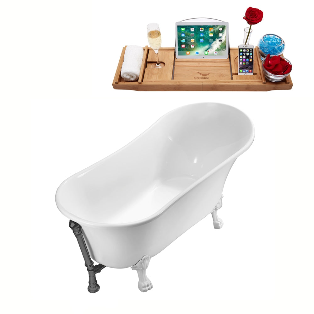 N341WH-BGM 59 inch Clawfoot Oval Acrylic Bathtub and Tray in Glossy White with Reversible Drain