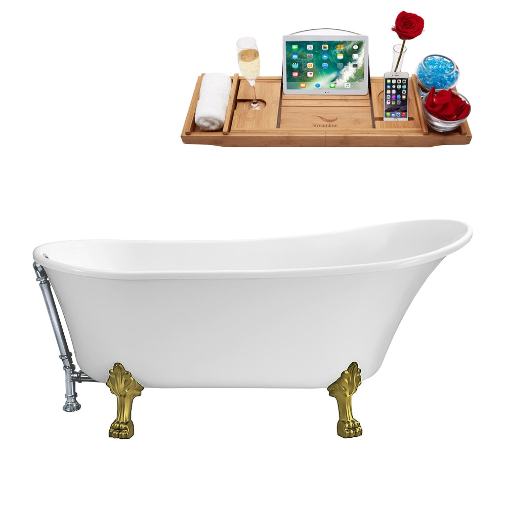 N342BGL-CH 63 inch Clawfoot Oval Acrylic Bathtub and Tray in Glossy White with Reversible Drain