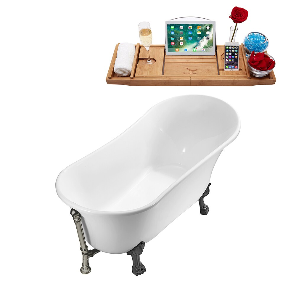 N342BGM-BNK 63 inch Clawfoot Oval Acrylic Bathtub and Tray in Glossy White with Reversible Drain