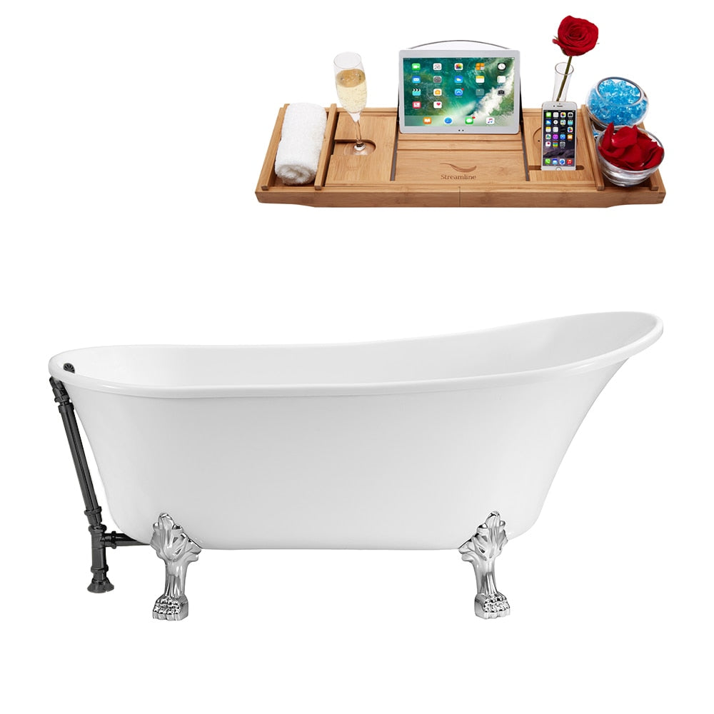N342CH-BGM 63 inch Clawfoot Oval Acrylic Bathtub and Tray in Glossy White with Reversible Drain