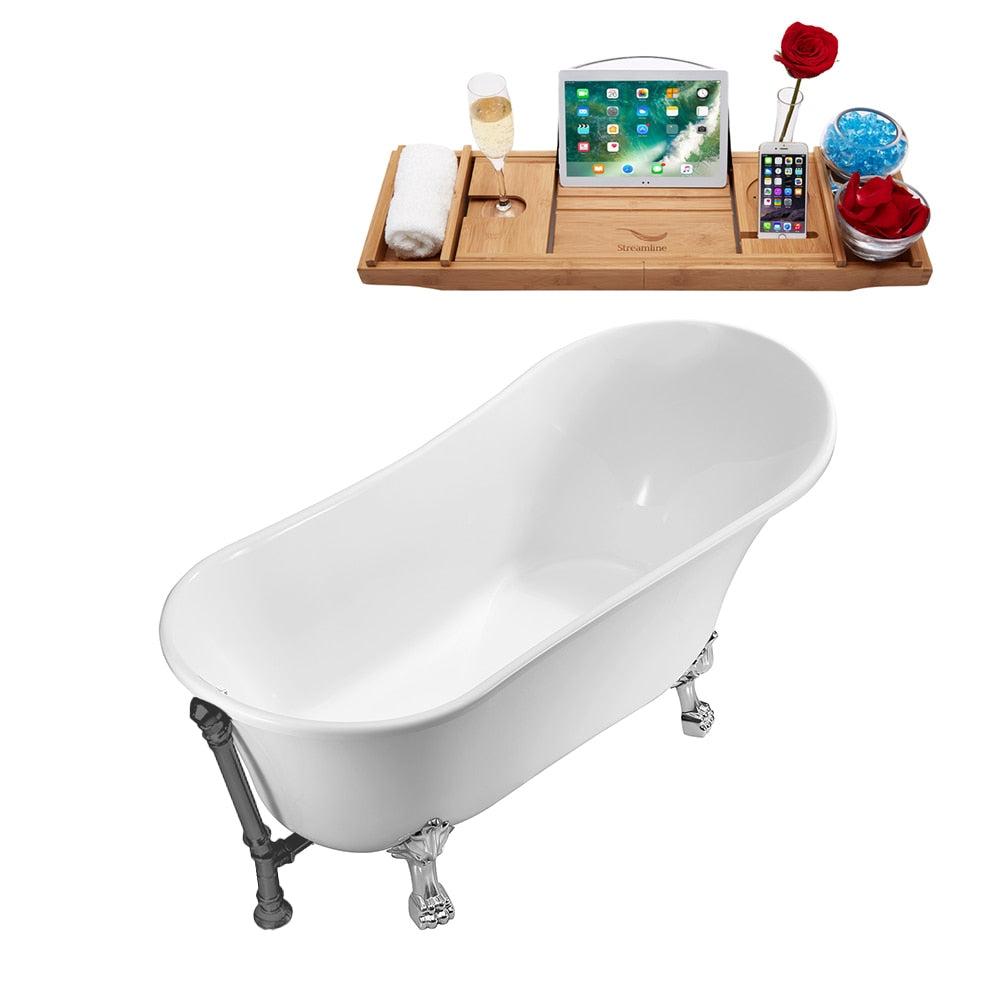 N342CH-BGM 63 inch Clawfoot Oval Acrylic Bathtub and Tray in Glossy White with Reversible Drain