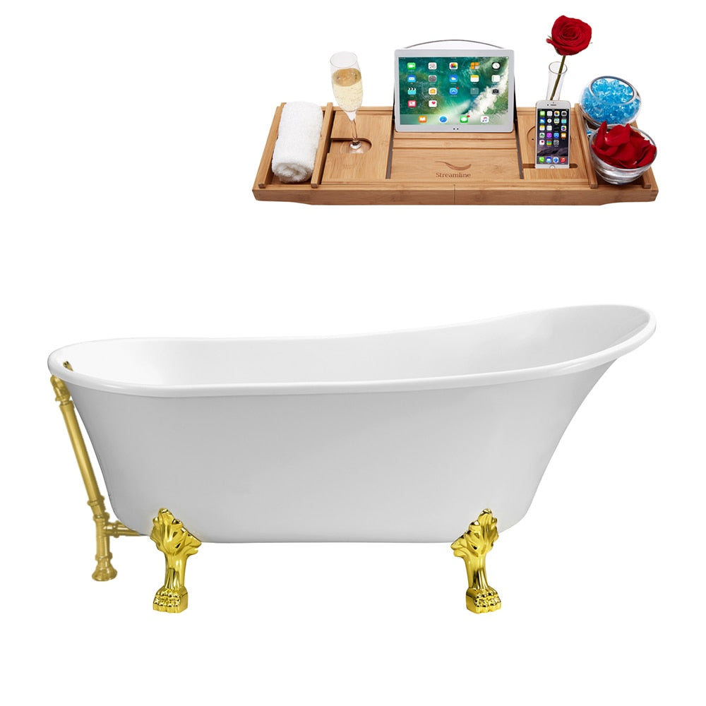 N342GLD-BGL 63 inch Clawfoot Oval Acrylic Bathtub and Tray in Glossy White with Reversible Drain